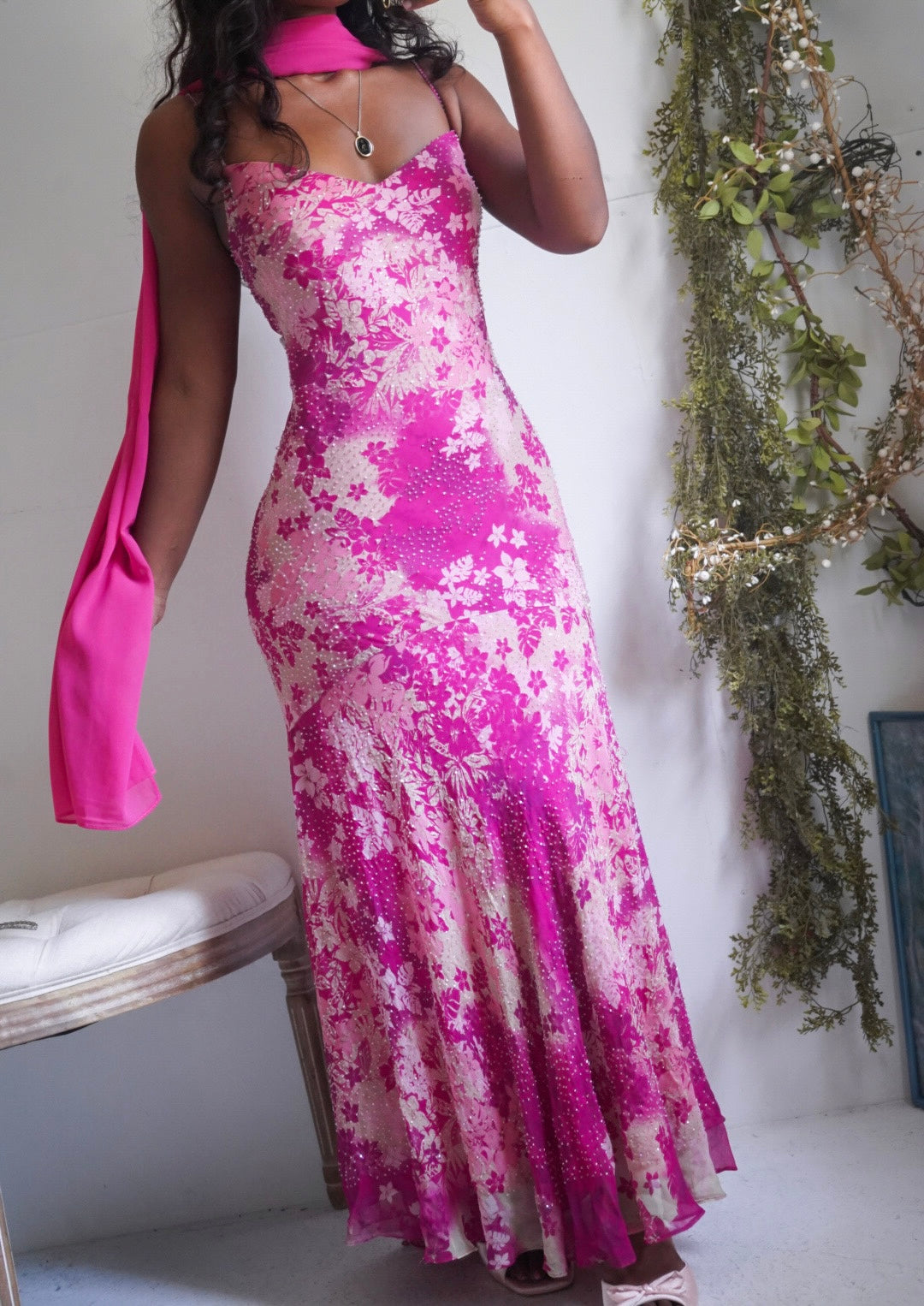 Rare Y2K Pink and Cream Floral Beaded Silk Gown