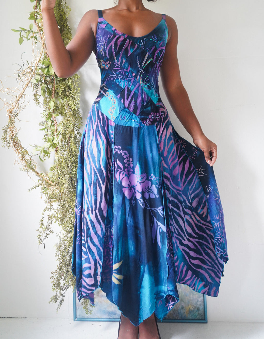 Y2K Beaded Tropical Boho Midi Dress