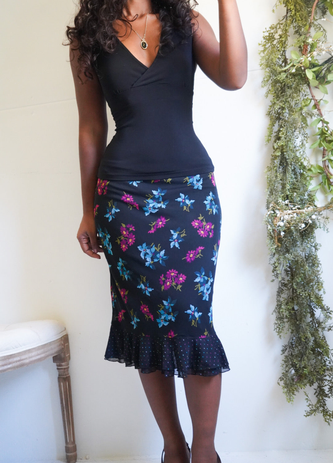 Y2K Ruffle Hem Floral Skirt