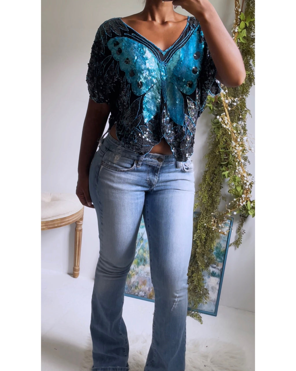 Y2K Sequin Silk Butterfly Top