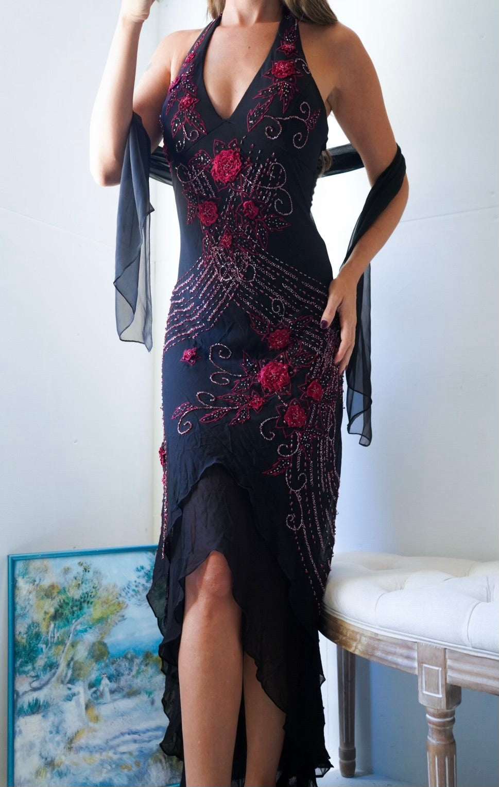 Y2k Silk Black and Red Floral Beaded Sue Wong Gown