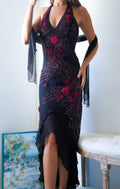 Y2k Silk Black and Red Floral Beaded Sue Wong Gown