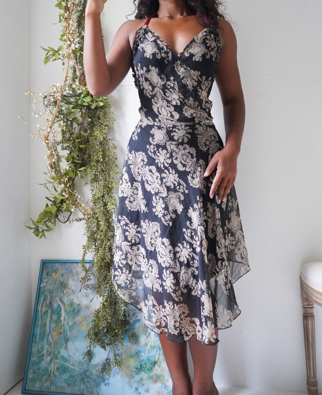 Y2K Black and Cream Paisley Floral Dress With Red Halter Tie