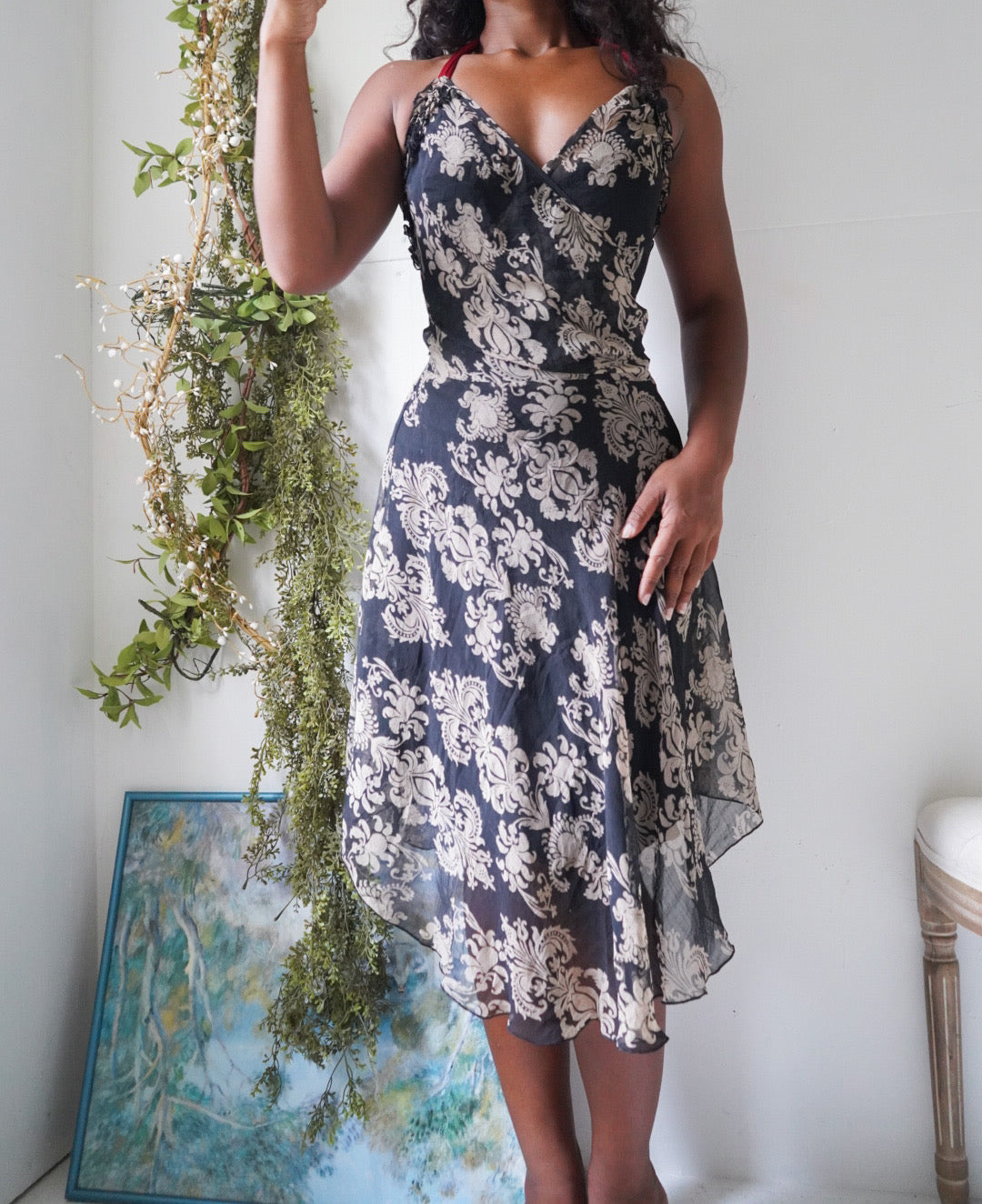 Y2K Black and Cream Paisley Floral Dress With Red Halter Tie