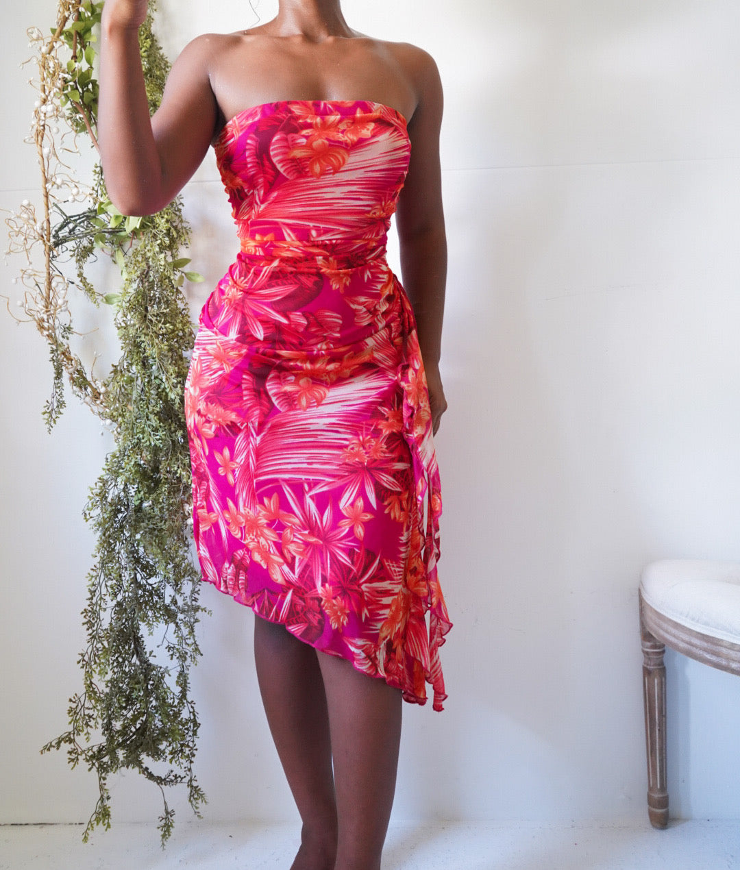 Y2K Bright Tropical Floral Strapless Dress