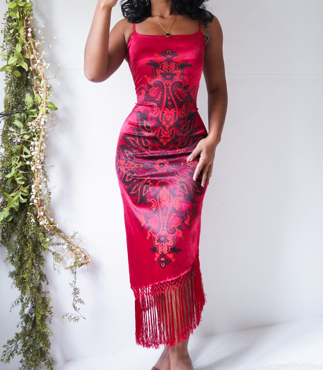 Y2K Red Fringe Hem Midi Dress