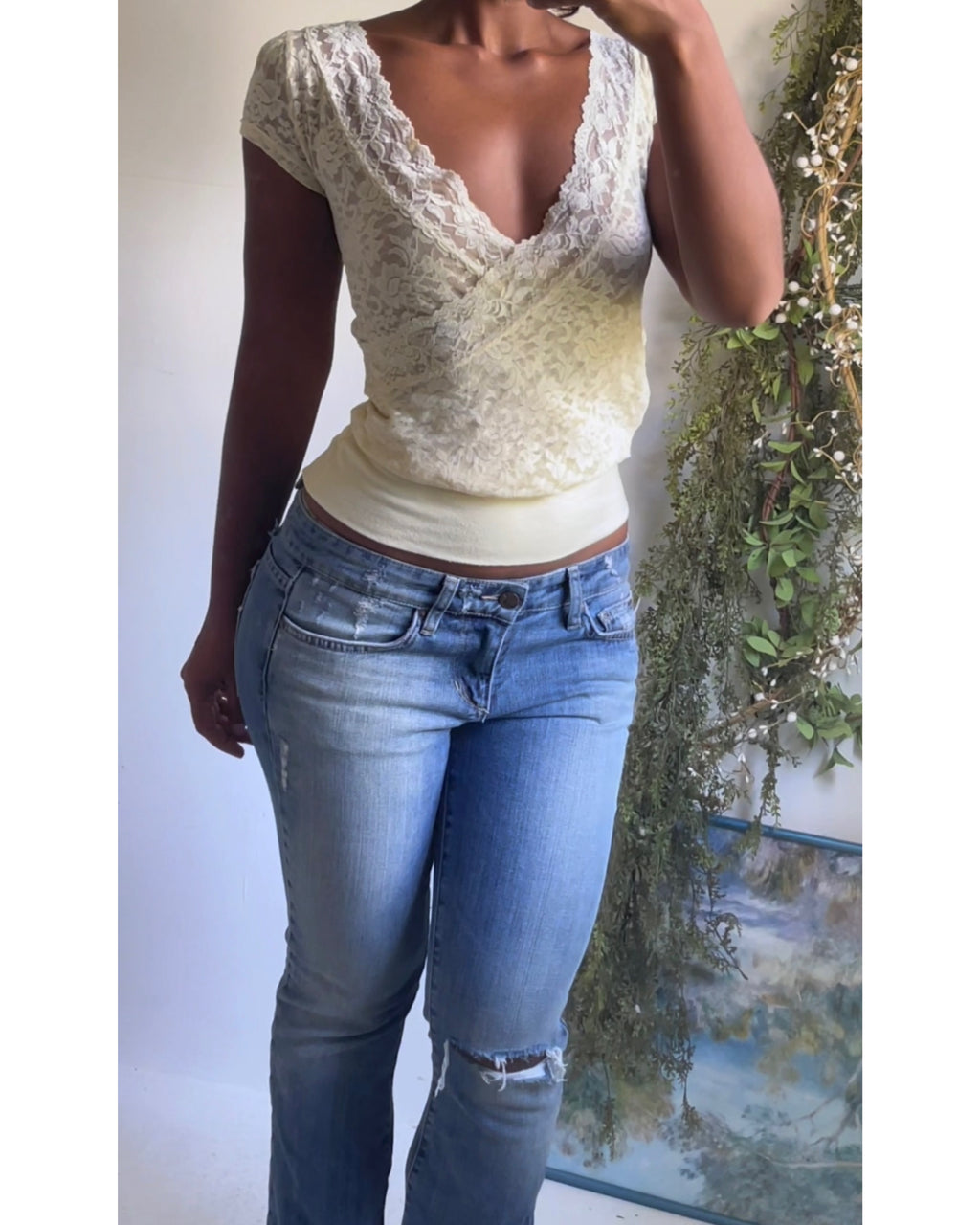 Y2K Cream Lace Band Hem Lace Crossover Top