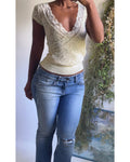 Y2K Cream Lace Band Hem Lace Crossover Top
