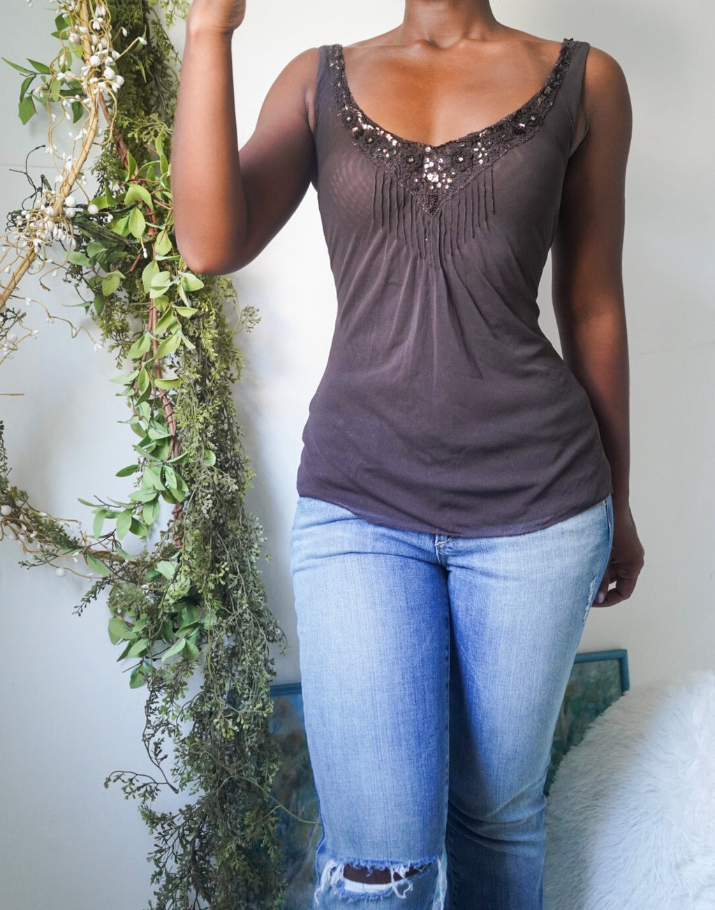 Dark Chocolate Mesh Beaded Trim Y2K Tank