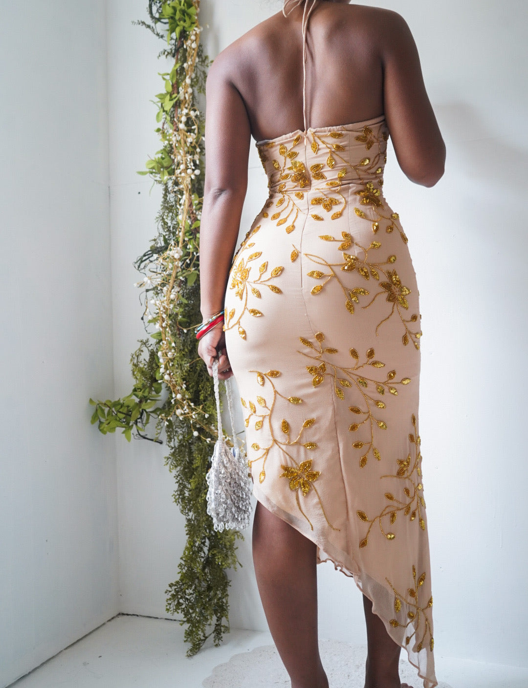 Vintage Y2K Tan and Gold Silk Floral Beaded Halter Dress