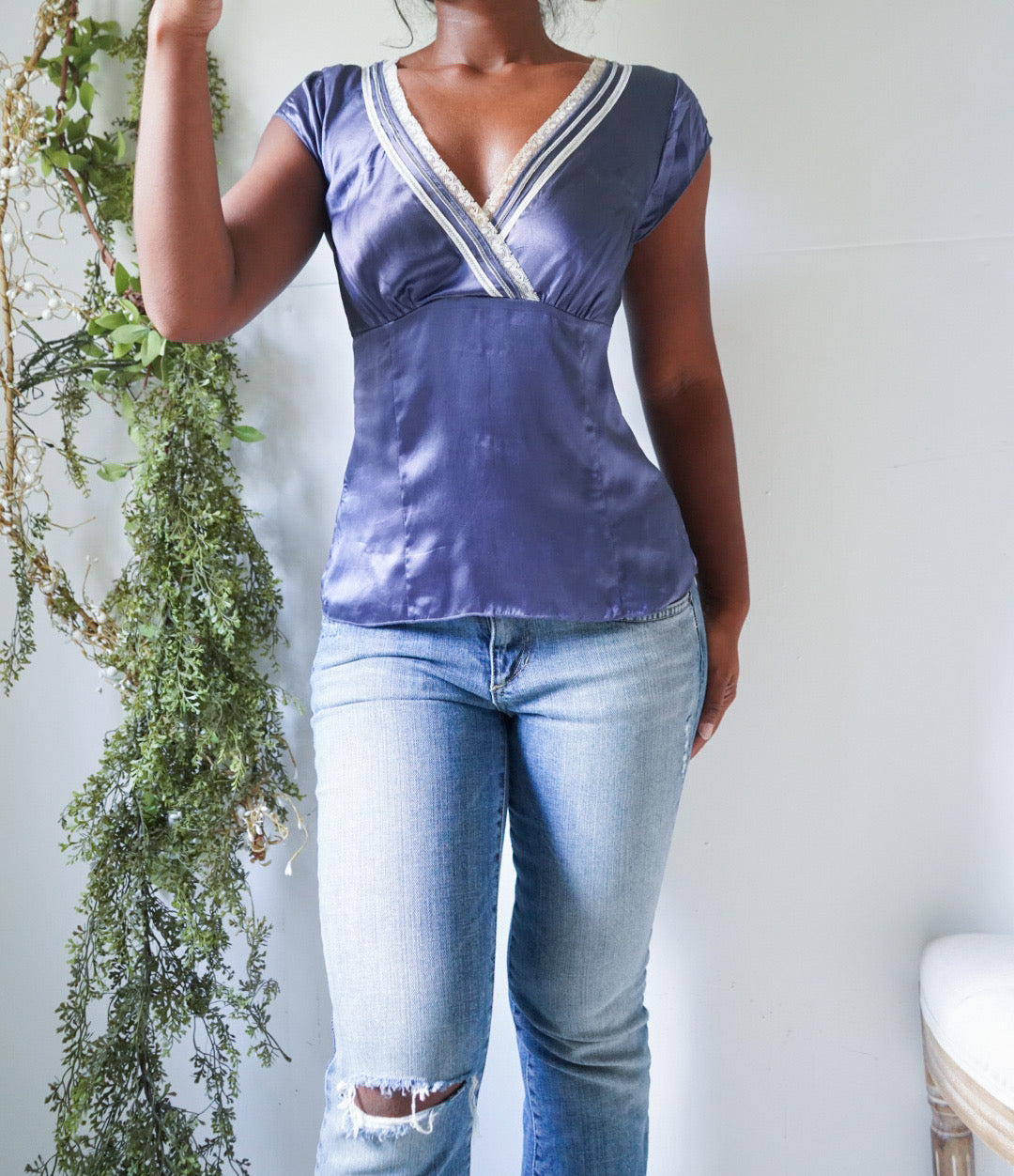 Y2K Indigo Silk Charmeuse Lace Trim Top