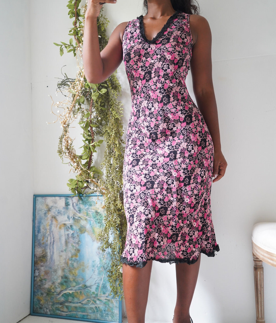 Y2K Pink and Black Floral Staple Slip Dress