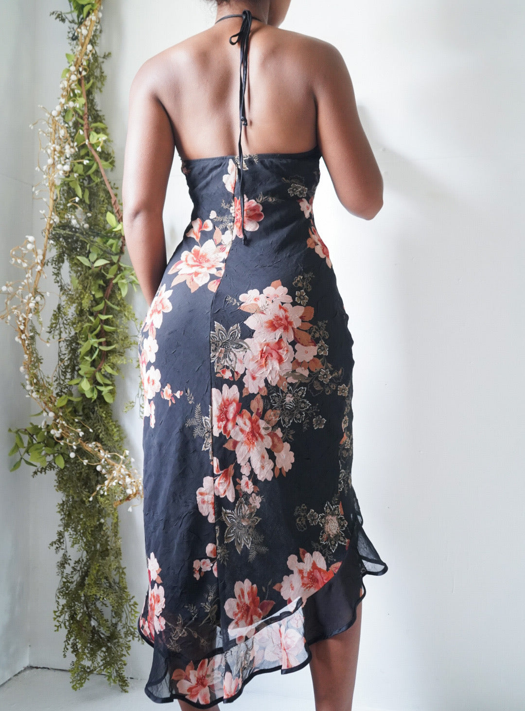 Y2K Black Floral Halter Ruffle Dress