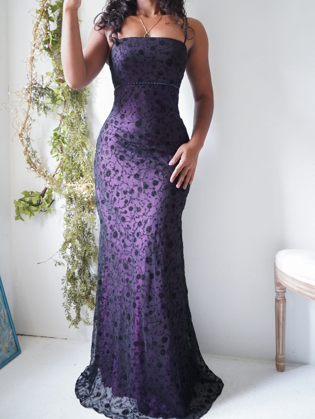 Rare Vintage Y2K Purple and Black Burnout Layered Gown
