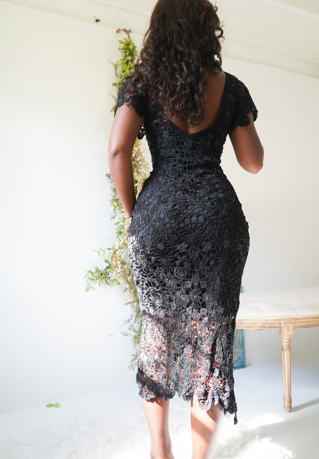 Y2K Black Crochet Knit Beaded Black Dress