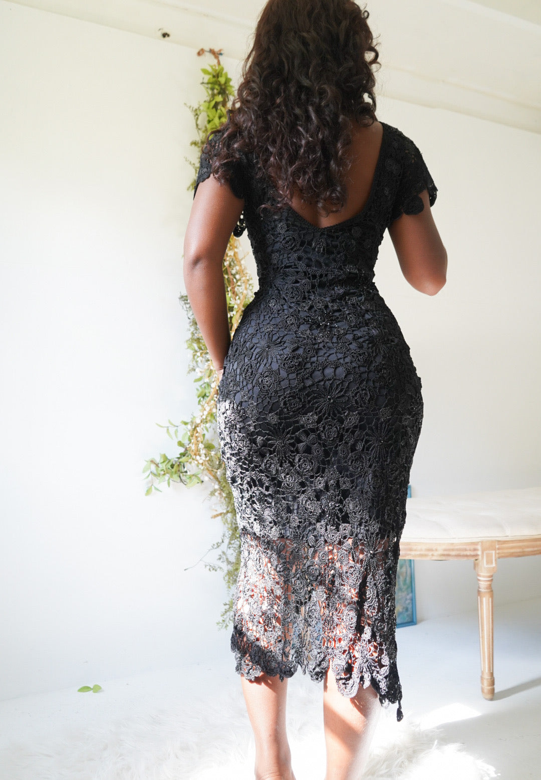 Y2K Black Crochet Knit Beaded Black Dress