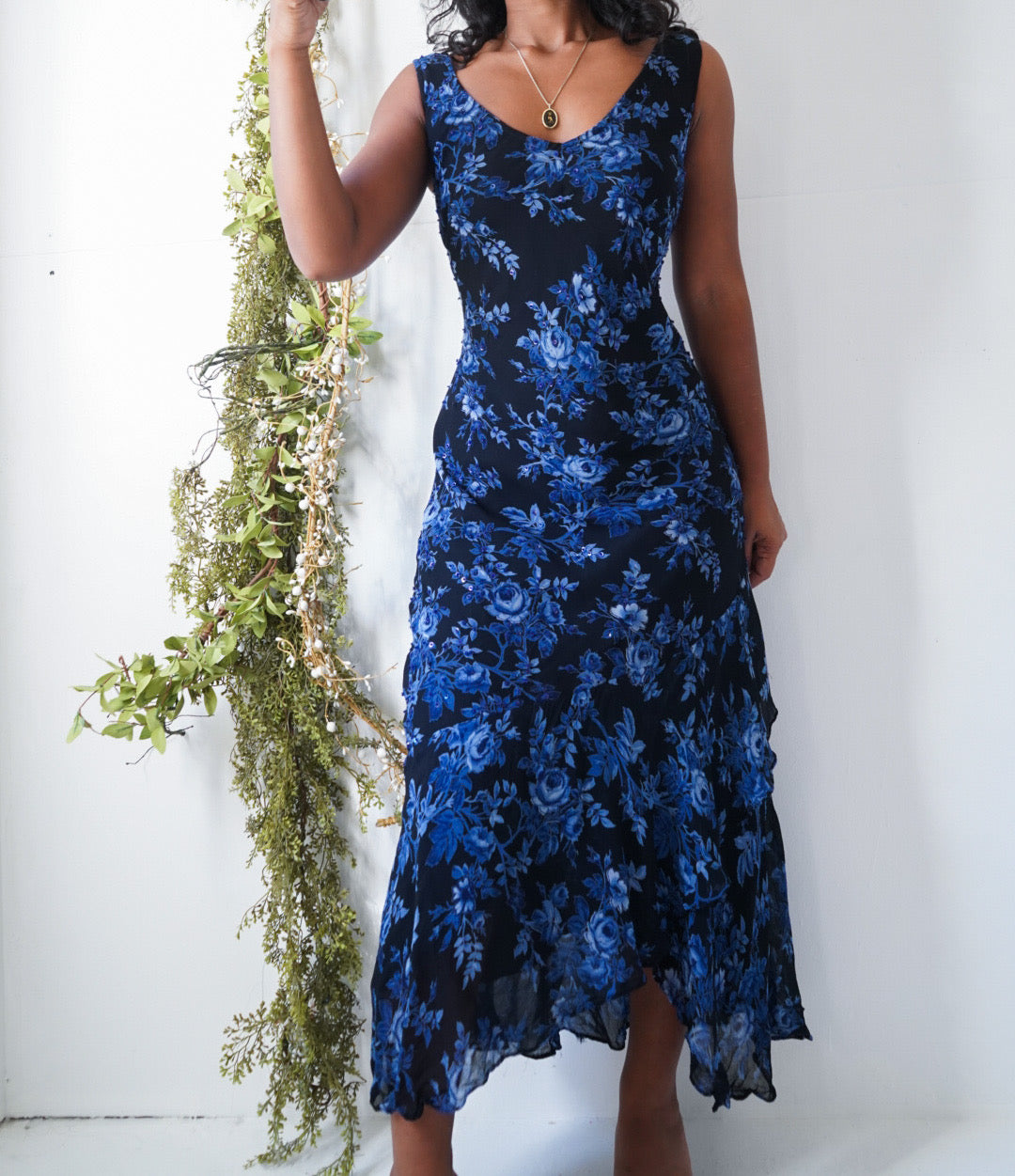 Blue and Black Floral 90’s Beaded Dress