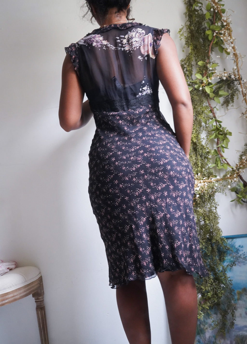 Y2K Dainty Floral Black Ruffle Detail Silk Dress