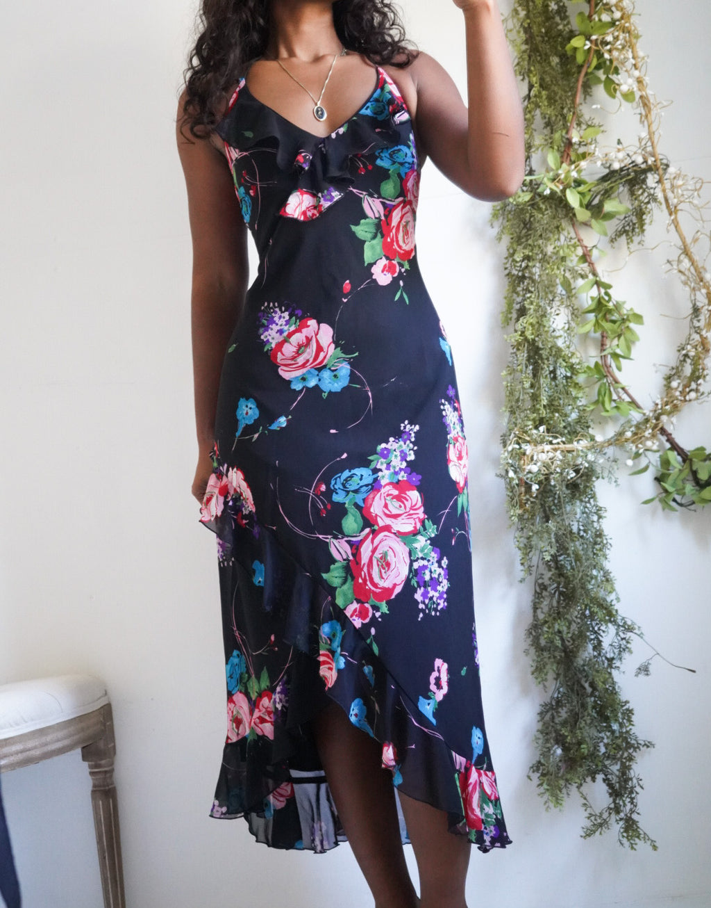 Y2K Floral Ruffle Hem Halter Dress