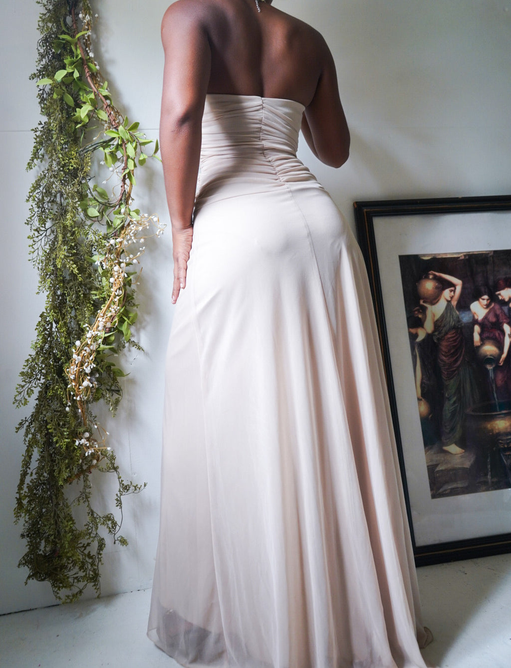 Cream Ruched Halter Gown