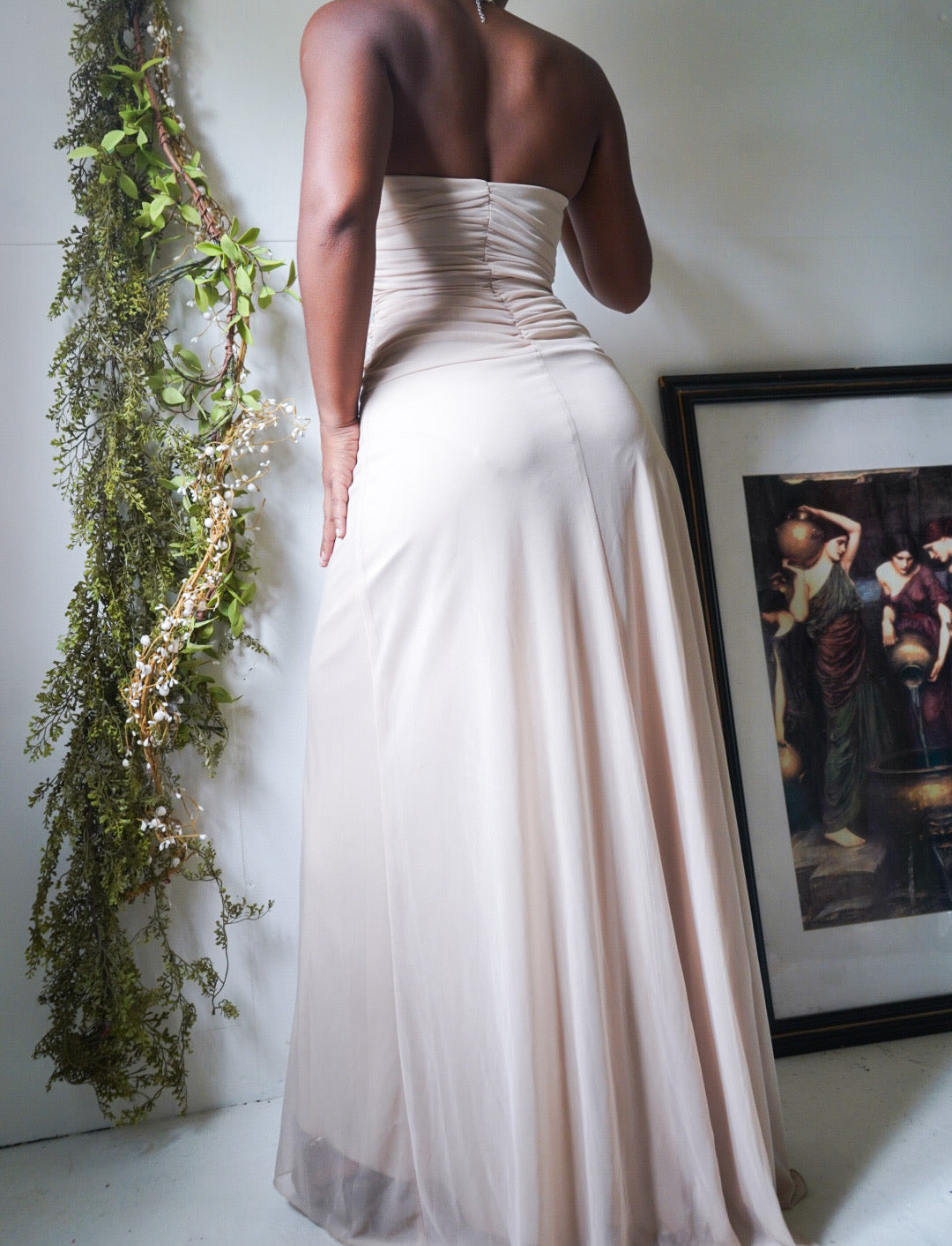 Cream Ruched Halter Gown