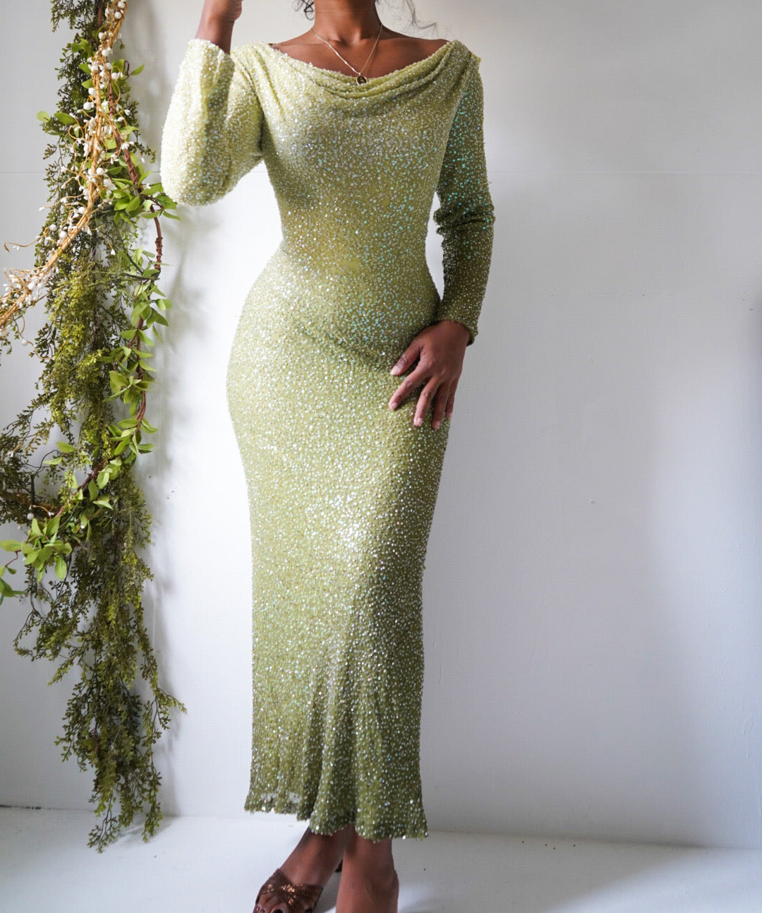 Ombre Sage Green Beaded Long Sleeve Silk Gown