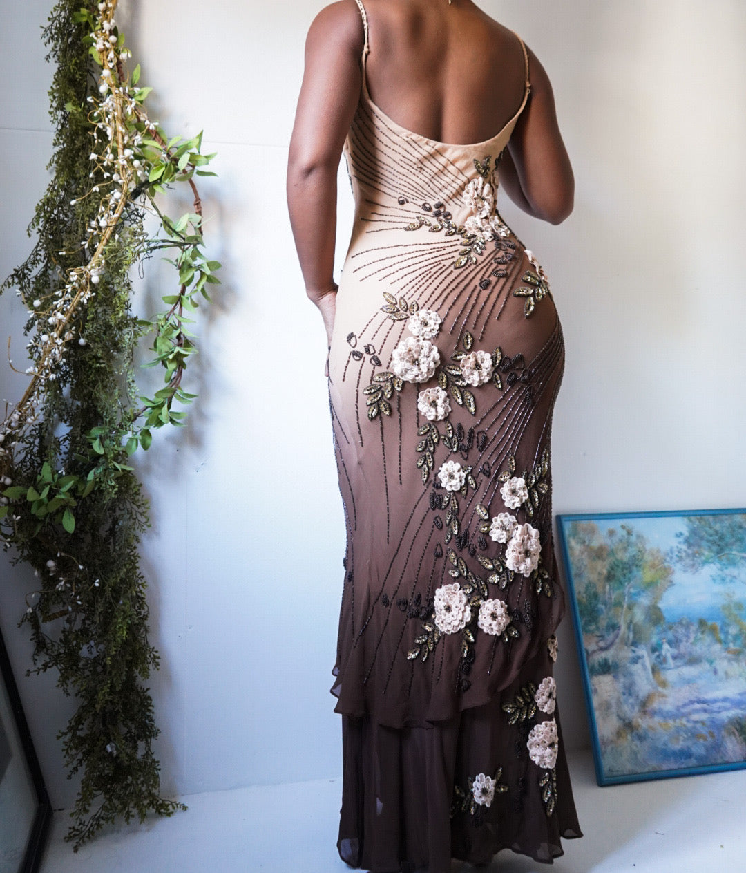Ombre Tan & Brown Silk Beaded Gown