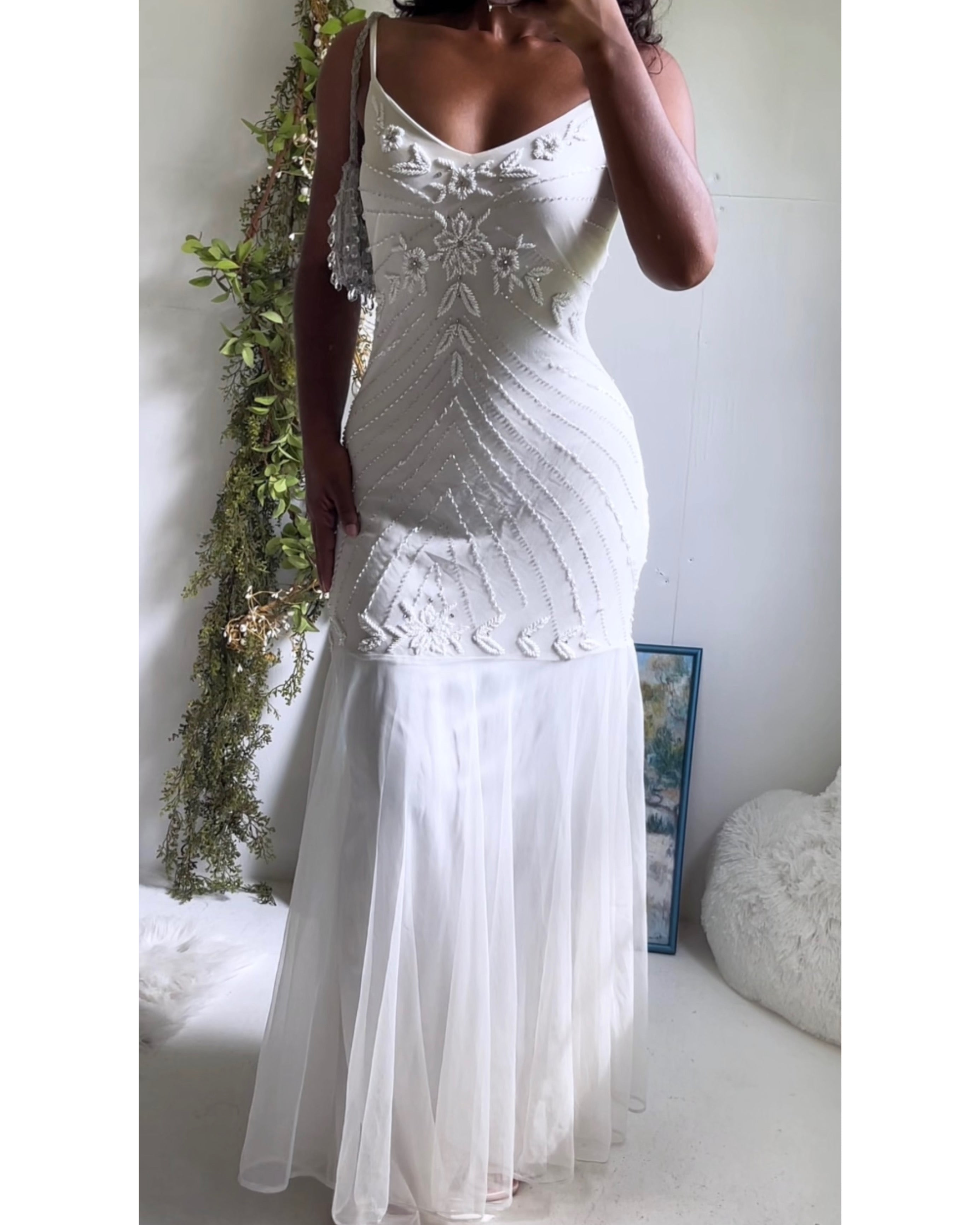 Vintage Y2K Beaded Ivory Silk Gown