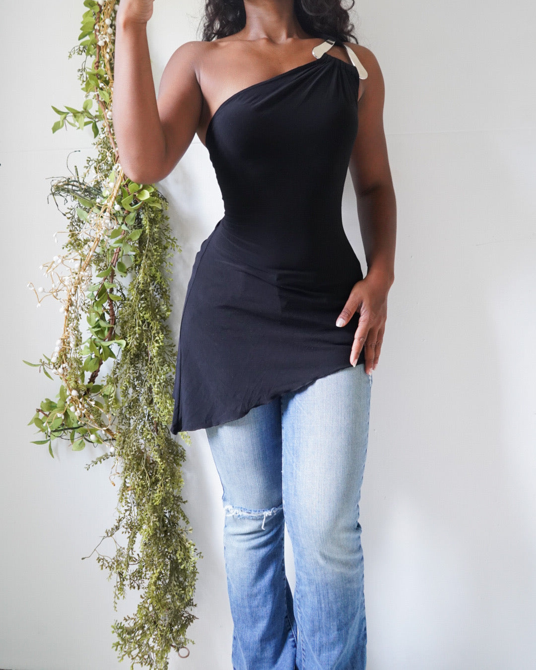 Y2K Metal Hardware Detail One Shoulder Top