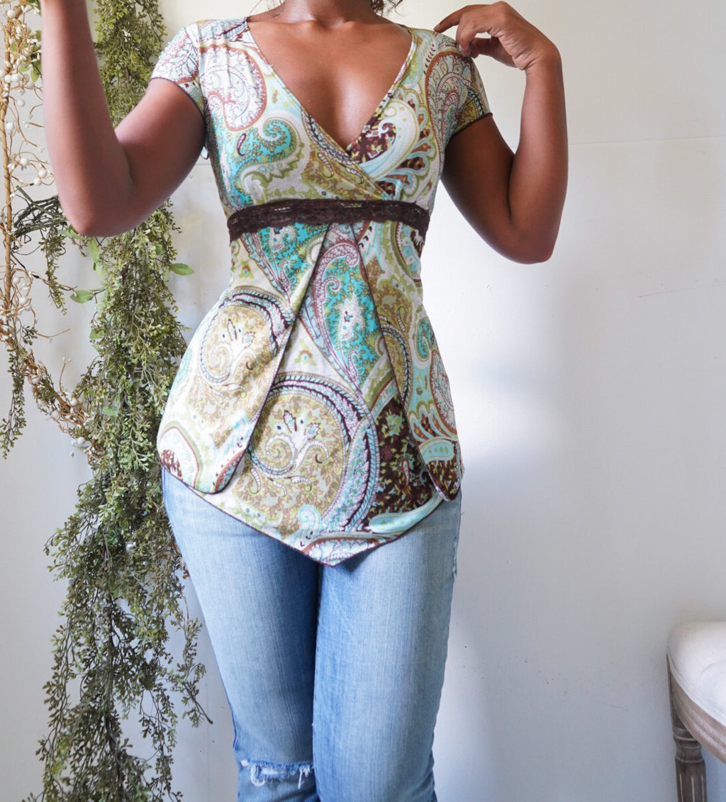 Y2K Boho Paisley Split Front Top