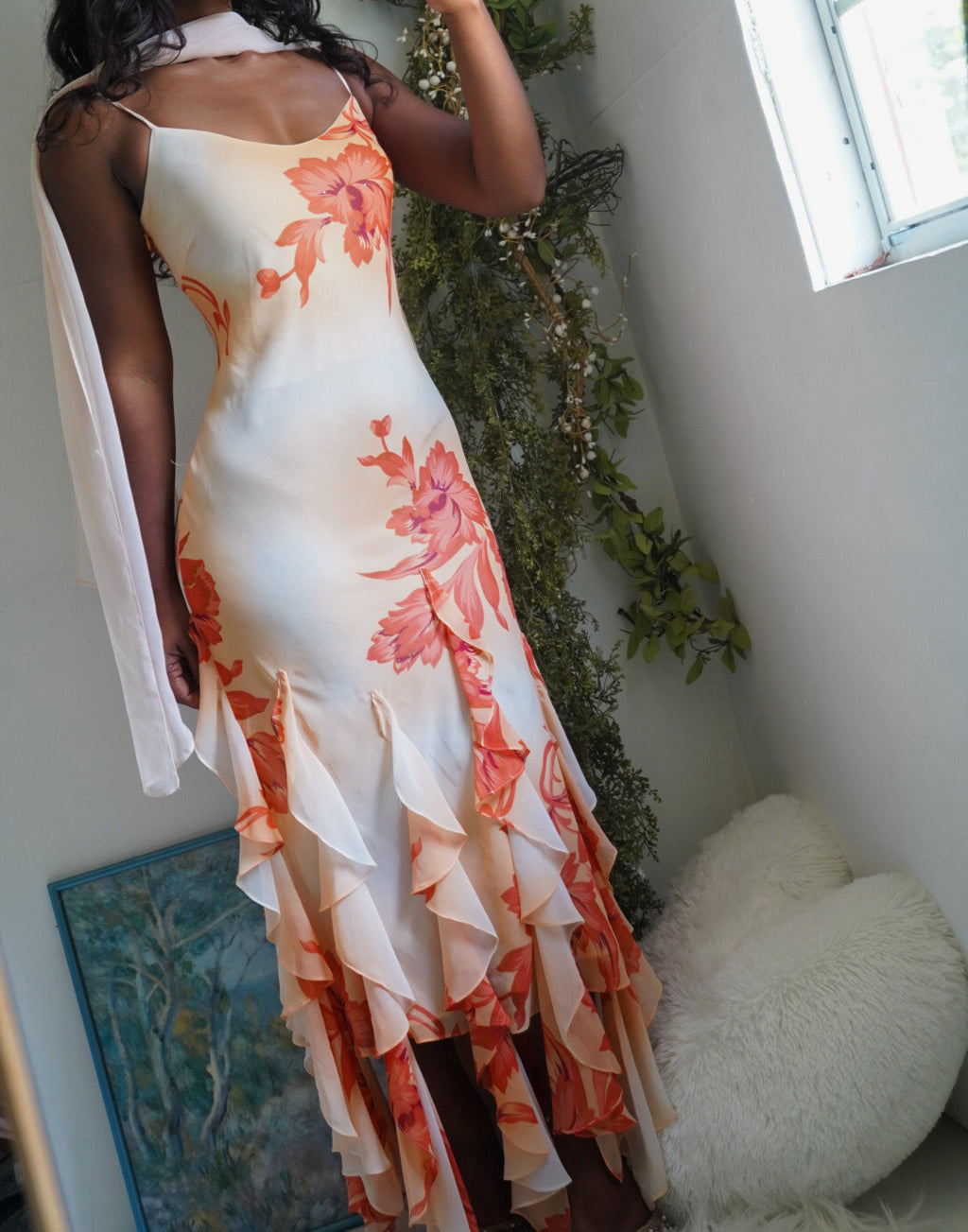 Y2K Peach and Cream Floral Ruffle Hem Fairy Gown