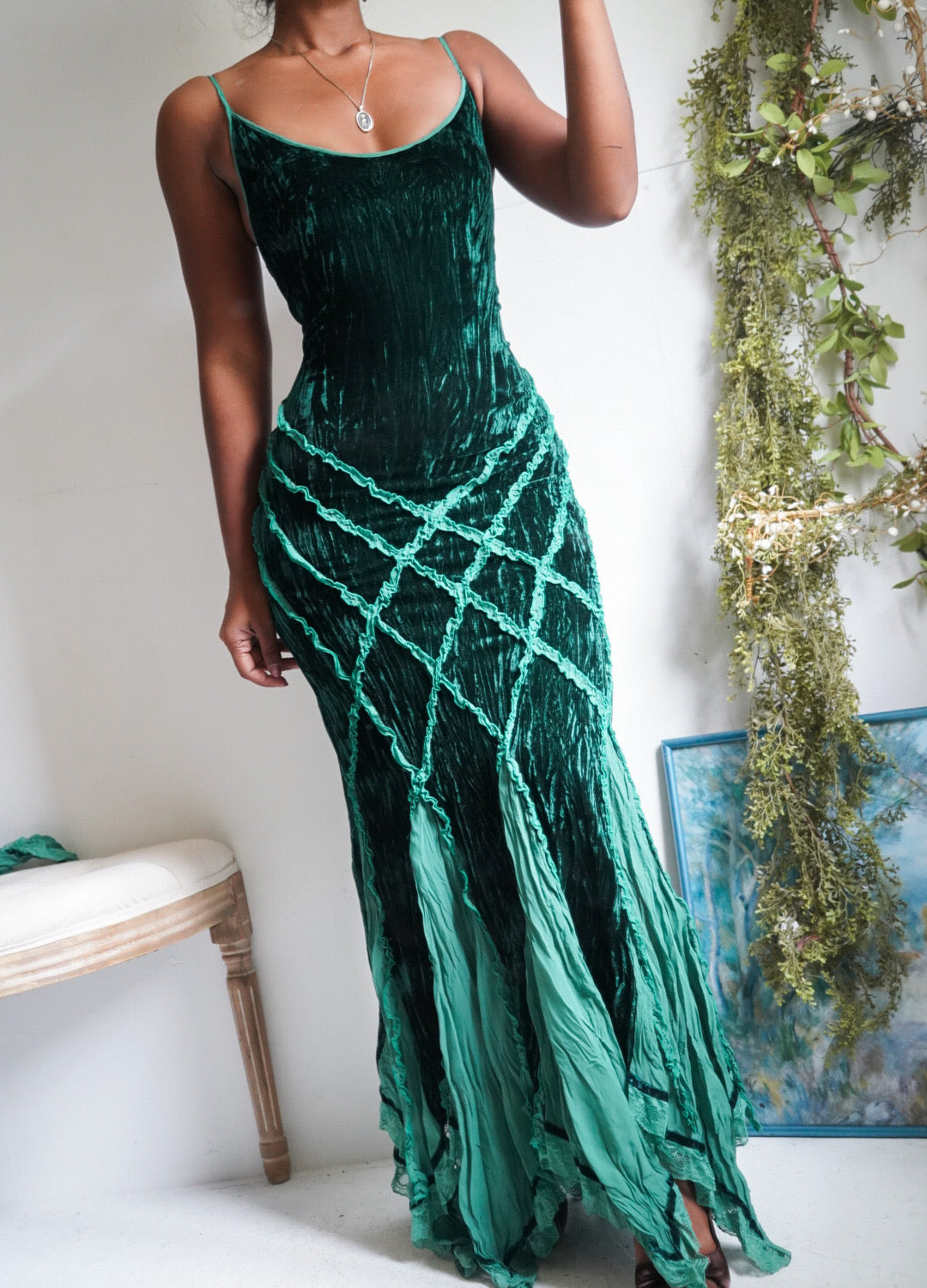 Y2K Green Crushed Velvet Forest Fairy Gown with Sleeves