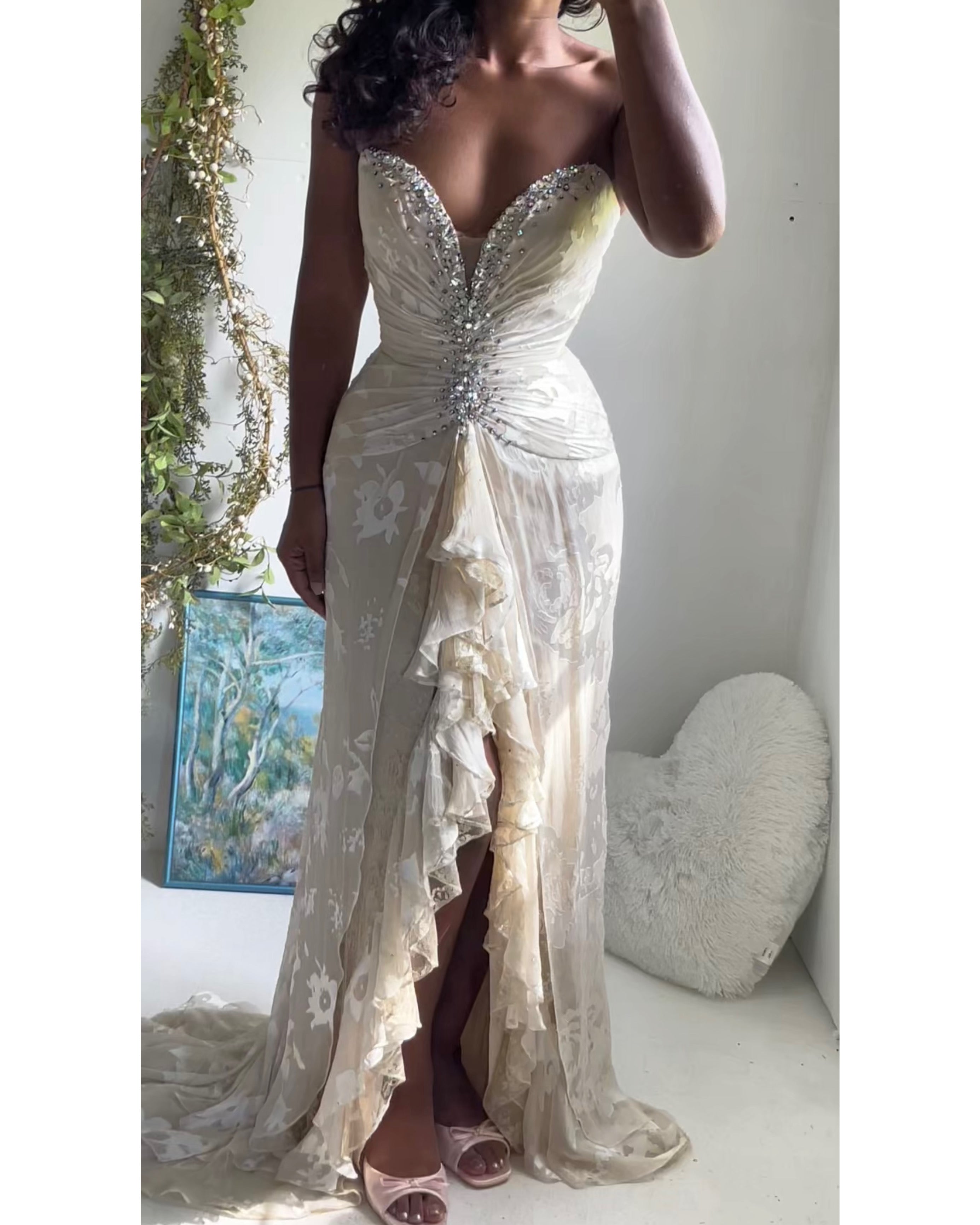 Vintage Y2K Silk Cream Burnout Corset Gown