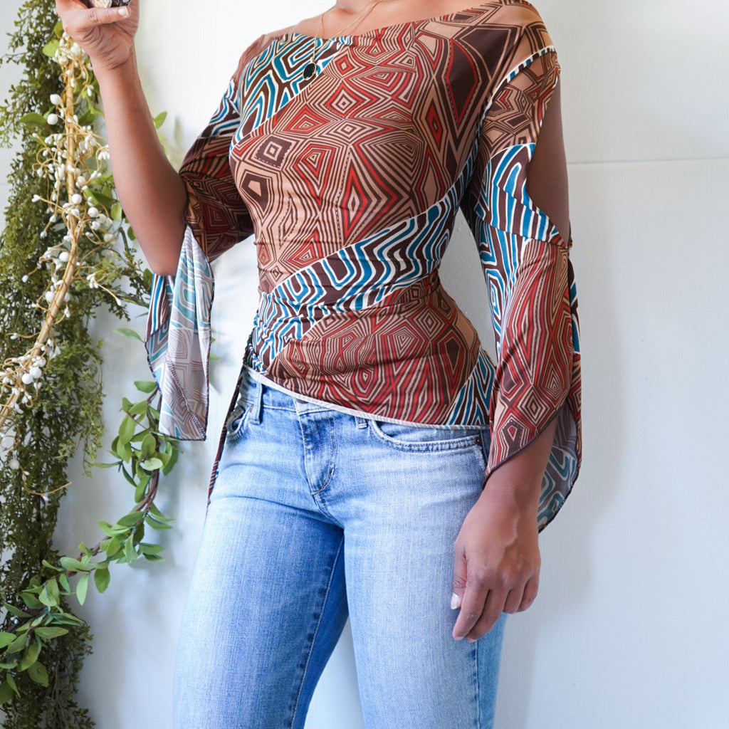 Abstract Boho Flare Sleeve Off Shoulder Top