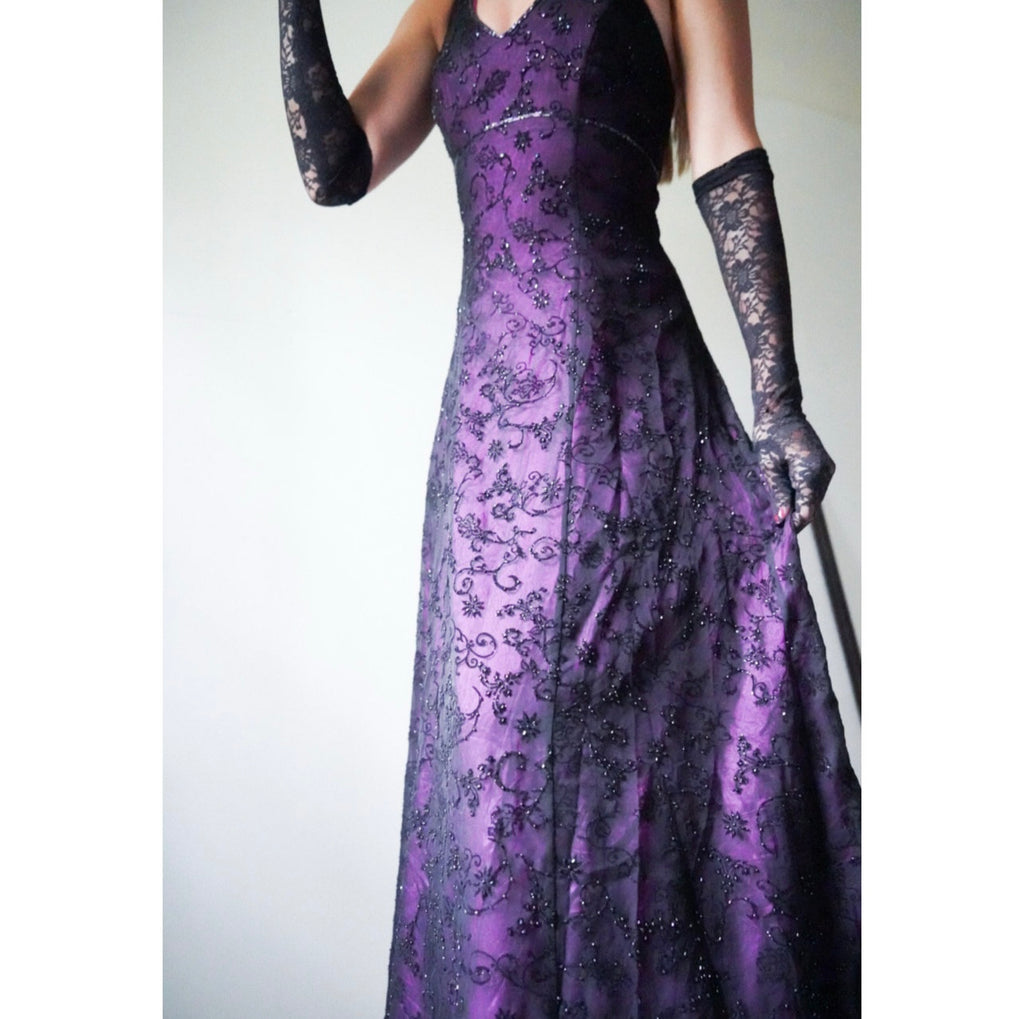 Purple and Black Layered Beaded Halter Gown (Made to Order)