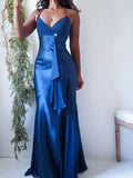 Y2K Navy Blue Satin Halter Godet Skirt Gown
