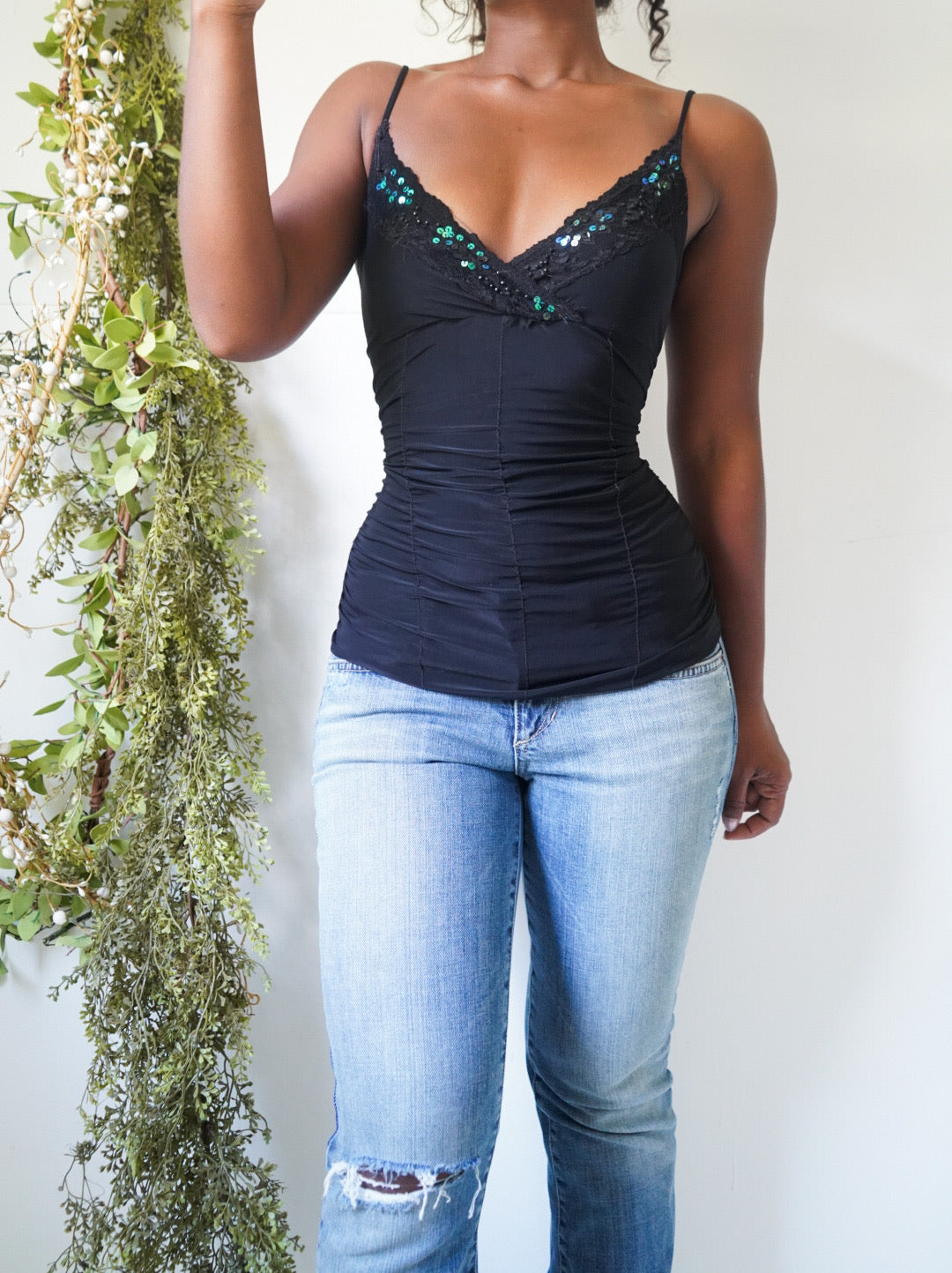 Y2K Staple Ruched Black Cami