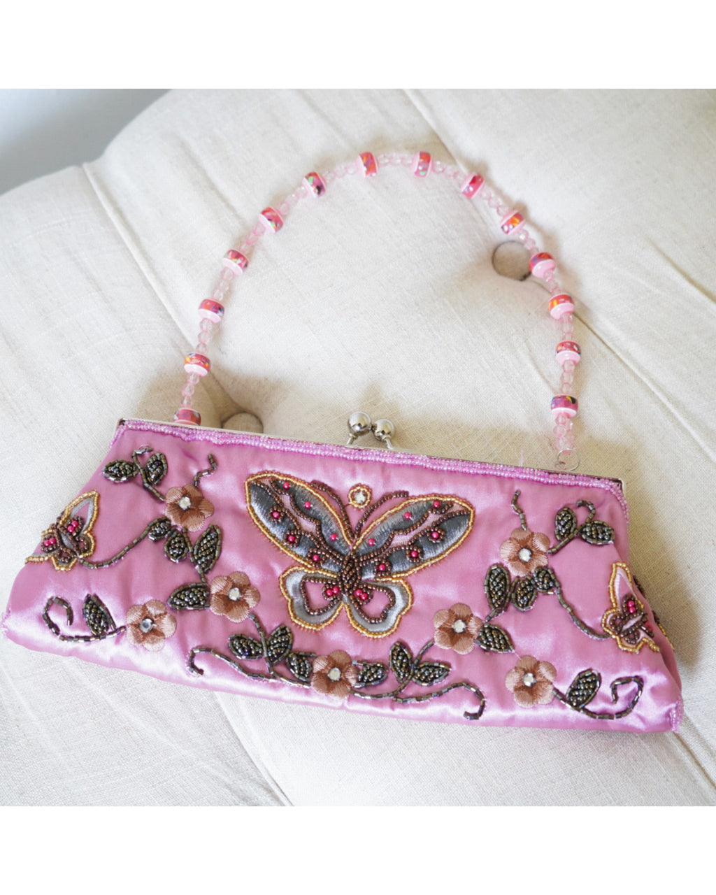 Pink Satin Beaded Butterfly Purse