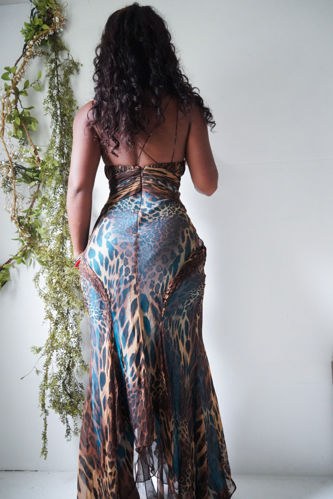 Y2K Silk Brown and Teal Animal Print Gown