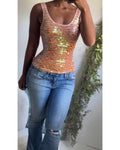 Y2K Iridescent Peach Sequin Crochet Tank