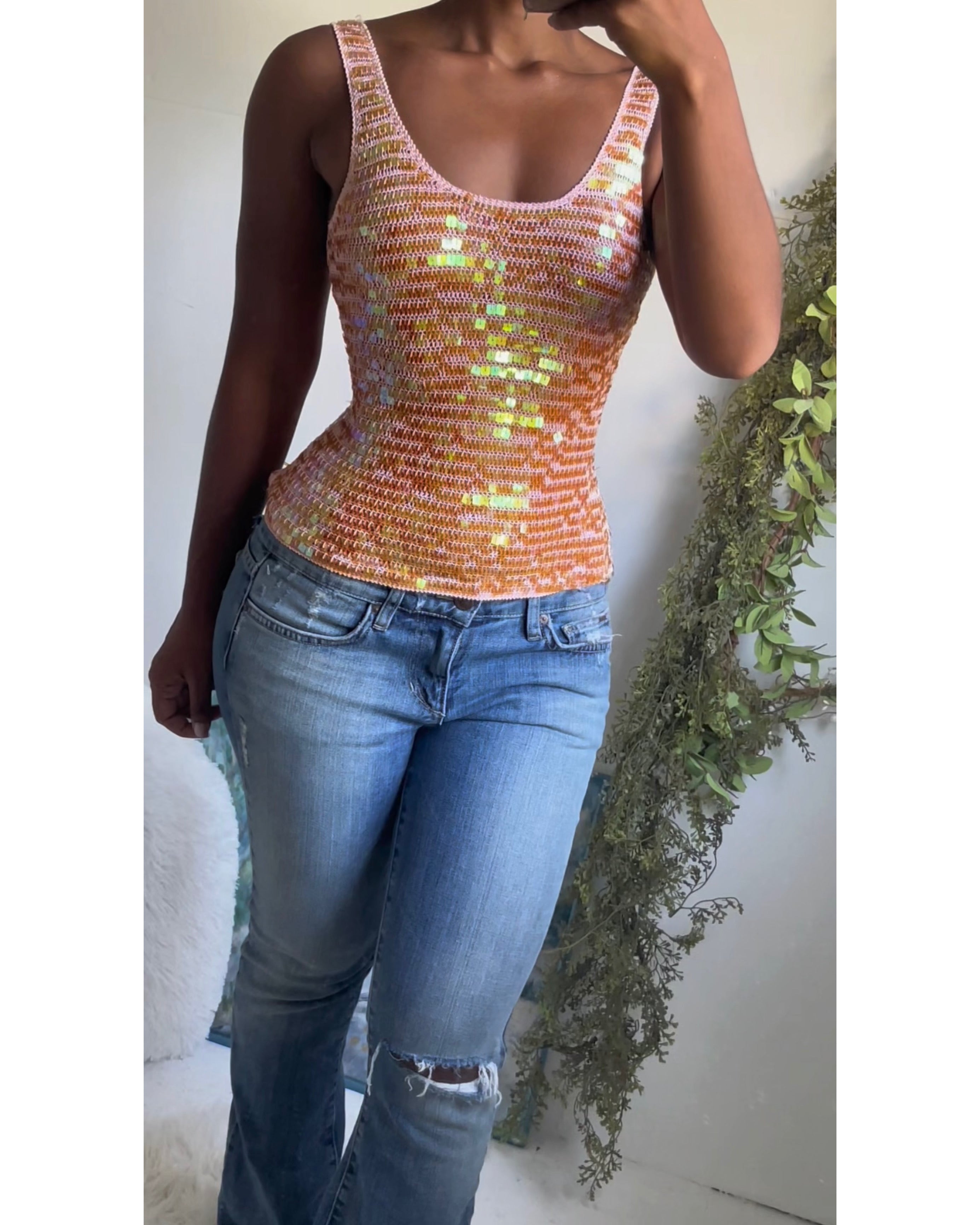 Y2K Iridescent Peach Sequin Crochet Tank