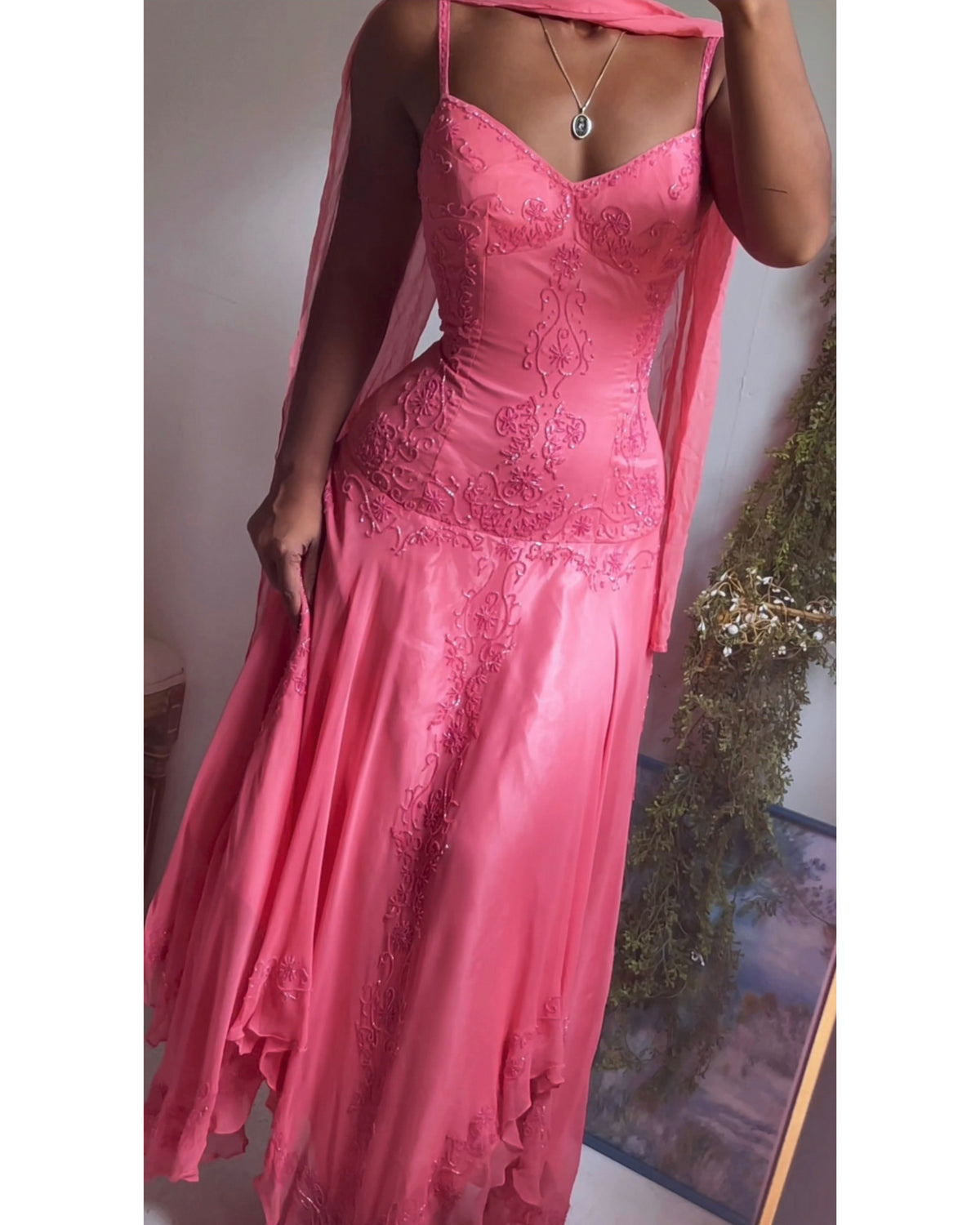 Y2K Coral Pink Silk Beaded Fairy Dress with Scarf