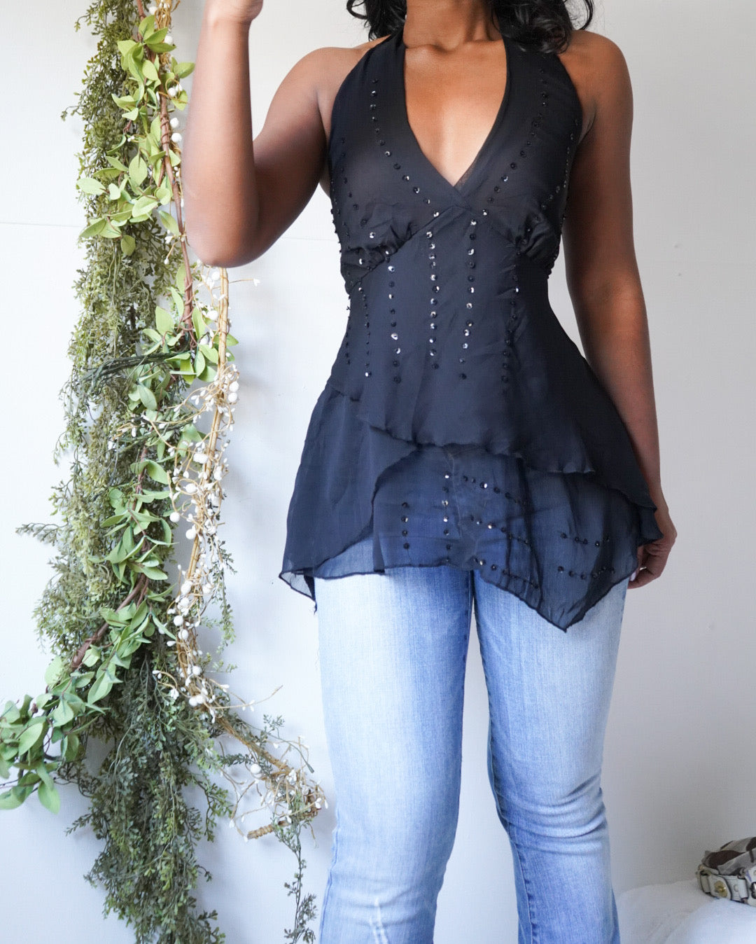 Black Silk Sequin Halter Fairy Top