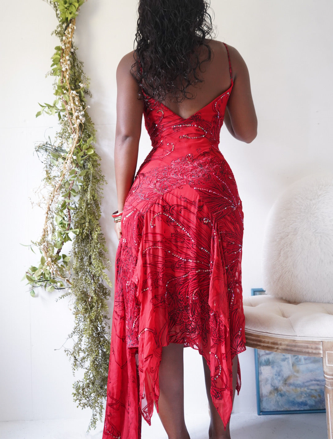 Red Silk Sue Wong Fairy Dress with Fringe Scarf