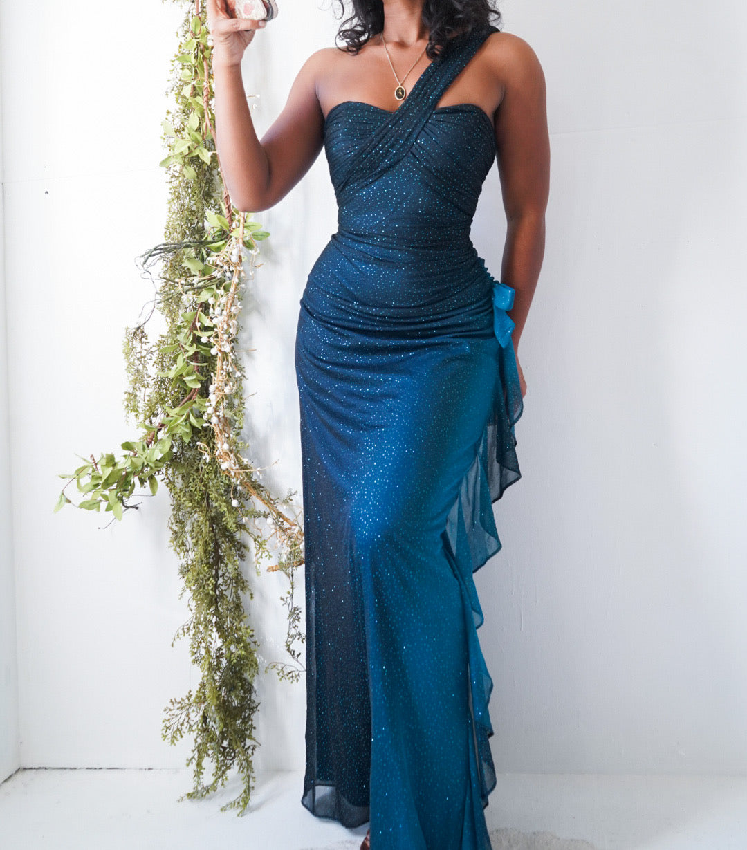 Blue Gradient Glitter One Shoulder Gown