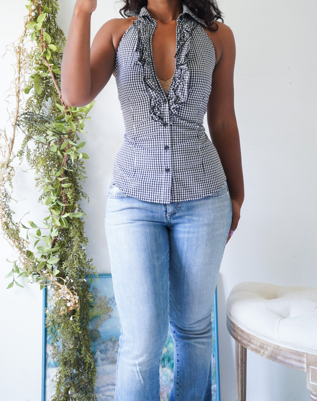 Y2K Gingham Halter Button Down Top