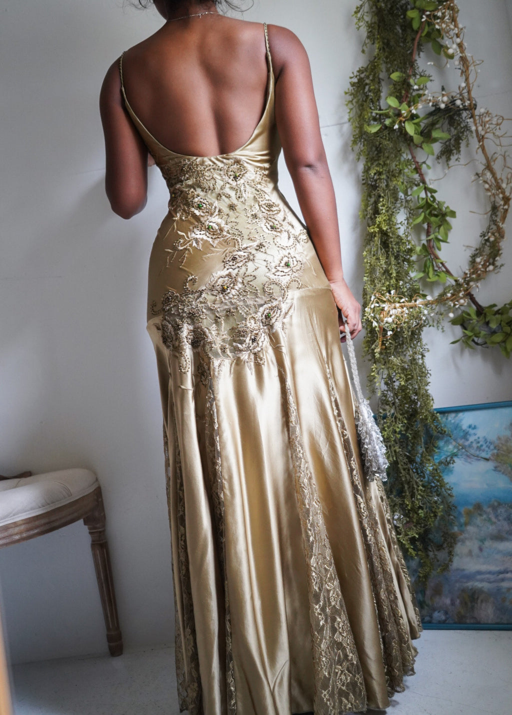 Rare Y2K Sue Wong Nocturne Sage Silk and Lace Beaded Gown