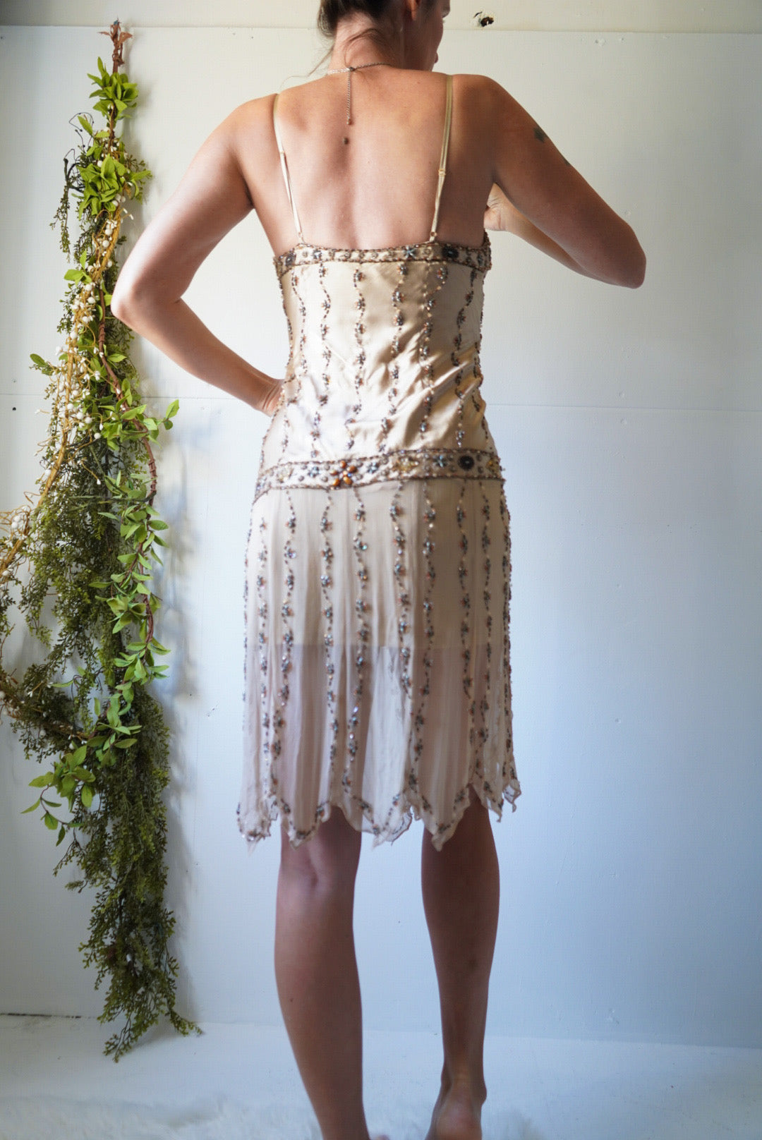 Y2k Beaded Champagne Silk Fairy Dress
