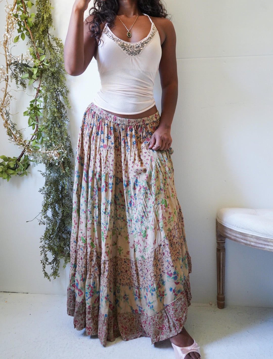 Y2K Tan Floral Tiered Boho Skirt