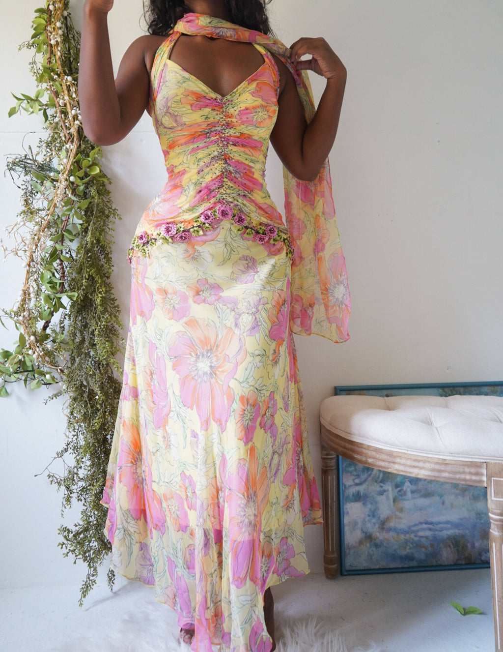 Rare Y2K Silk Yellow Fairy Floral Gown with Sash